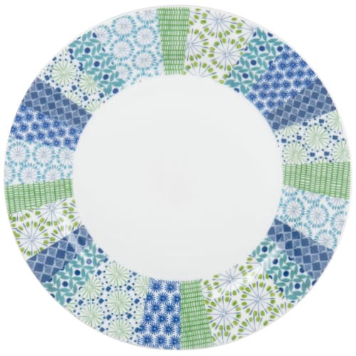 Assiette Plate En Porcelaine Blanche Motifs Graphiques Bleu Et Vert