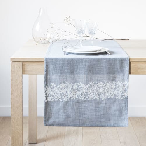 Chemin De Table En Coton Bleu Avec Broderies 45x150 Damasco Maisons