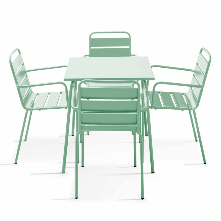 Ensemble Table De Terrasse Carr E Et Fauteuils Acier Vert Sauge