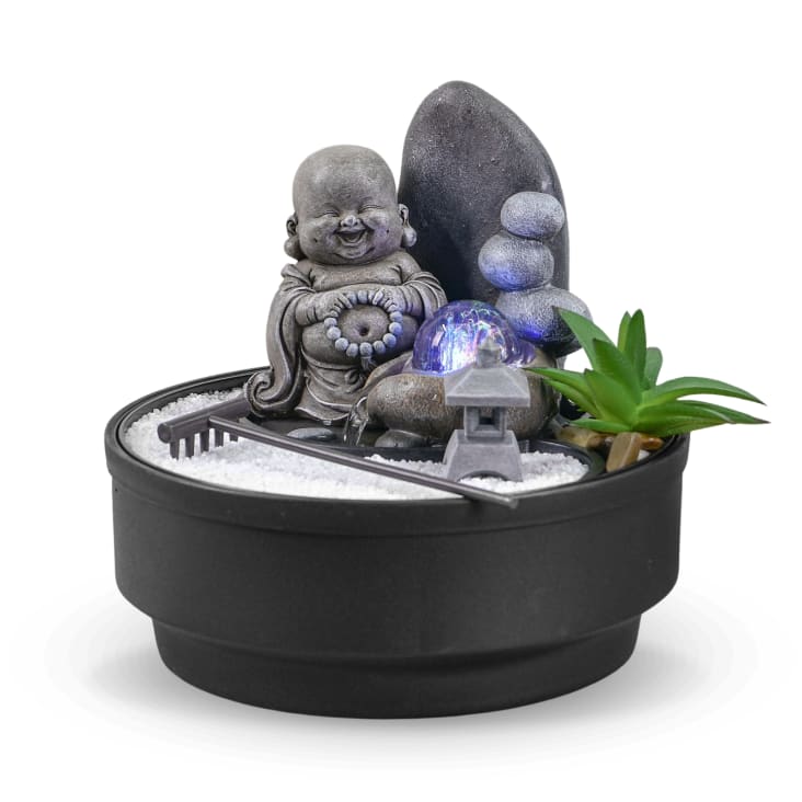 Fontana Da Giardino Zen In Resina Grigia Con Sfera In Vetro H21cm