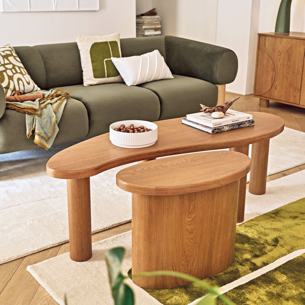 2 abgerundete Couchtische mit Untergestell aus massivem Kiefernholz, L148cm Alegro