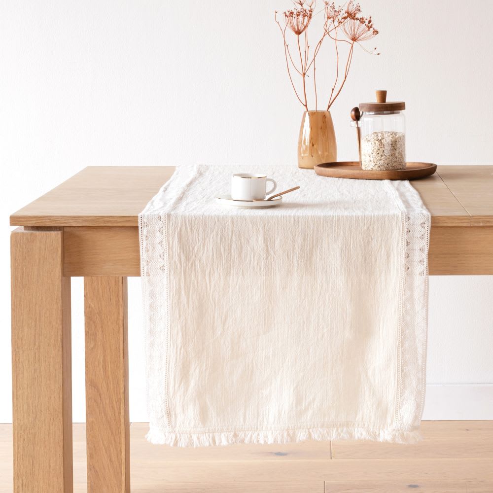Linen & Cotton Chemin De Table Décoratif Beige Et Blanc - 44% Lin, 56% Coton - 45 X 180 Cm - Idéal Maison, Cuisine, événements