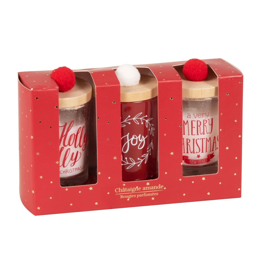 Coffret rouge contenant trois petites bougies de Noël en pot de verre