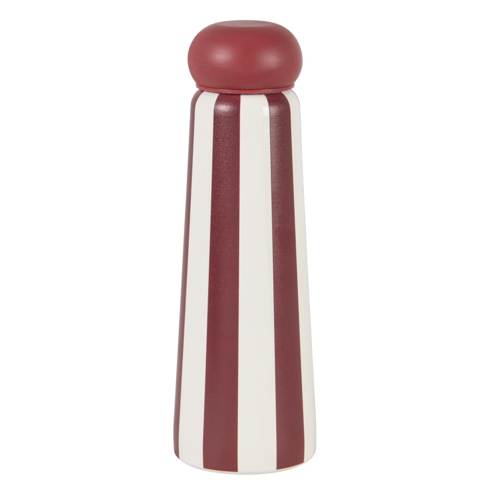 Gourde en acier à rayures verticales rouges et blanches, bouchon rouge