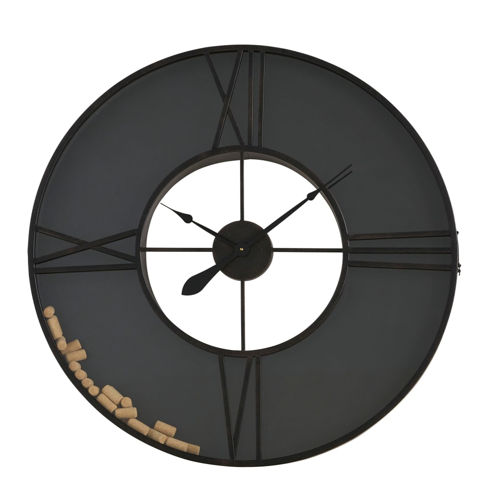 Horloge murale en verre et acier noir avec bouchon de liège, D91 cm