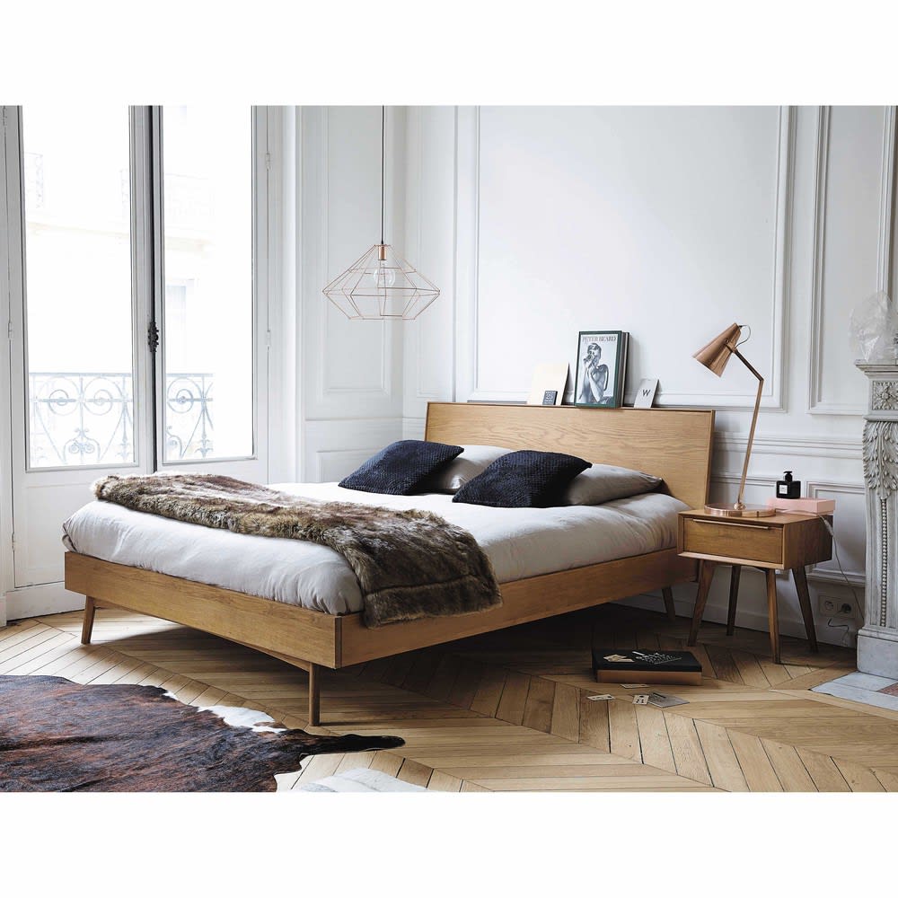 Set van 2 nachtkastjes met 1 lade en 1 nis met ledverlichting van beige mdf en gerookt glas - OVILA
