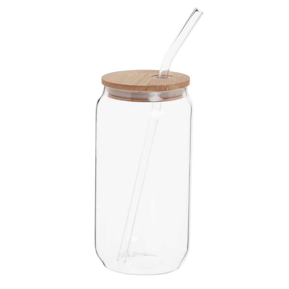 Gobelet en verre transparent avec couvercle en bambou et paille en verre