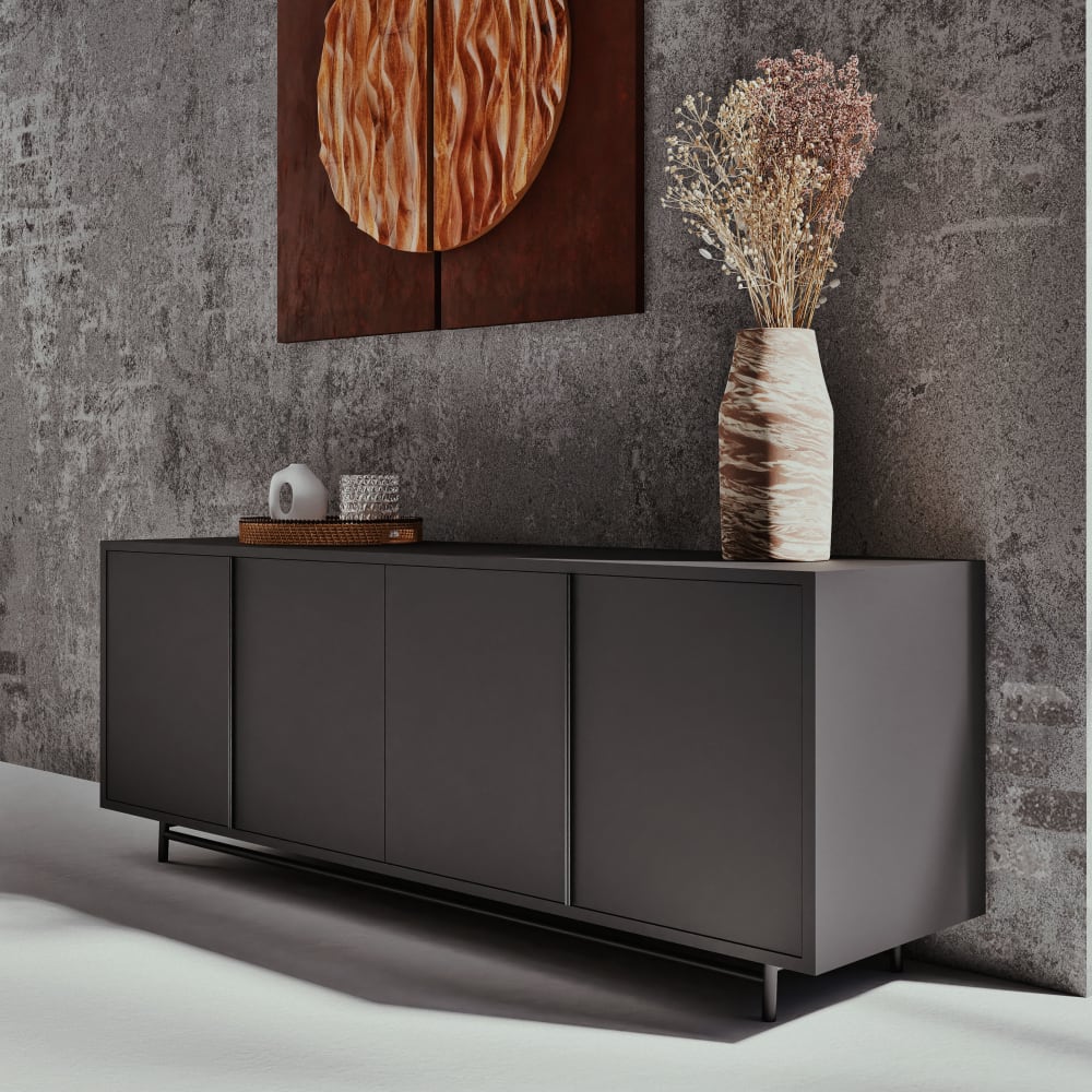 Niedriges Sideboard mit 4 mattschwarzen Metalltüren, 170 cm Watkin