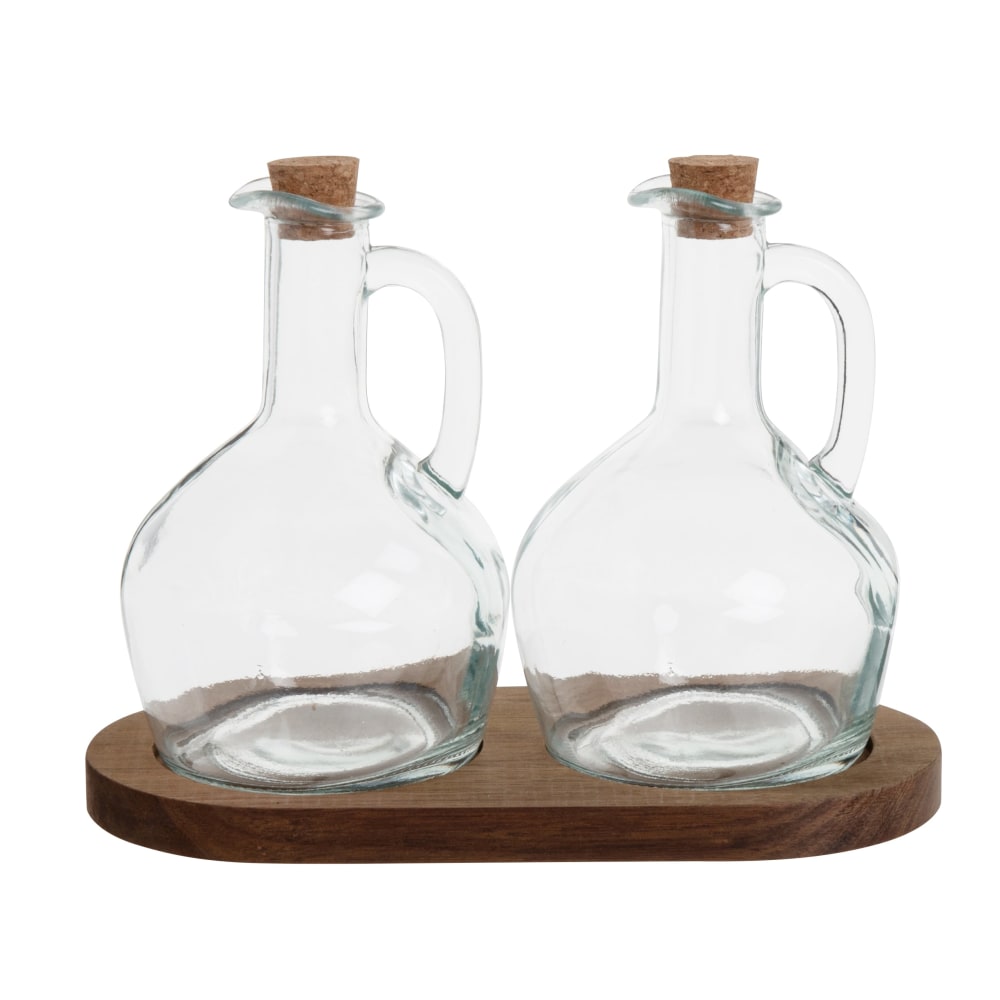 Öl- und Essigspender aus Glas mit Holztablett