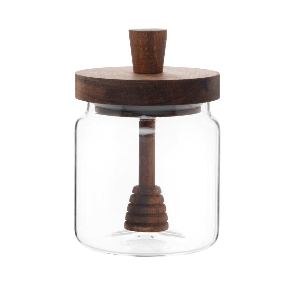 Pot à miel en verre avec couvercle en bois et cuillère à miel