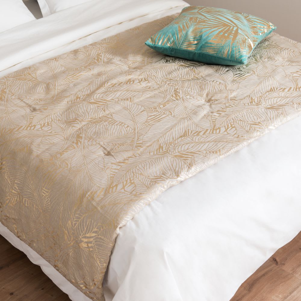 Tagesdecke aus Leinen und Baumwolle, beige mit goldfarbenem Blattmuster, 100x200cm Folah