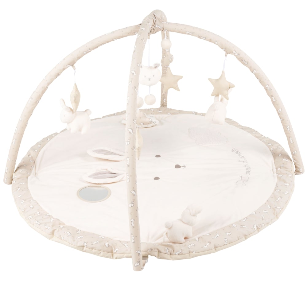 Tapis d'éveil bébé rond écru, blanc et taupe D90