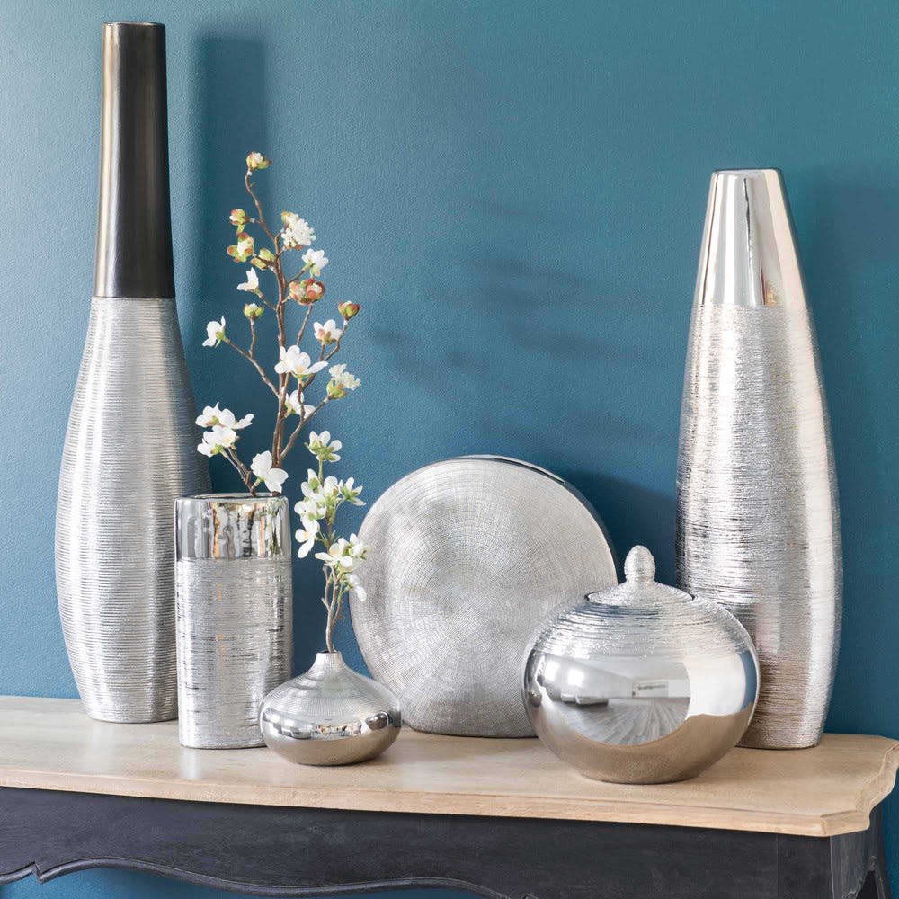 Vase Décoratif Vase De Sol Newtown - Vase En Céramique - Gris Mat - Argent Brillant - Hauteur 65