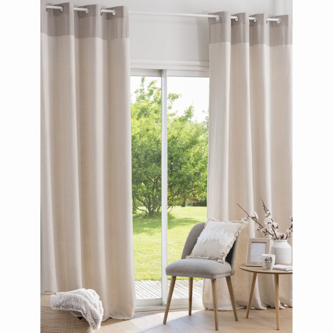 Douceur D'Intérieur Tenda Con Occhielli 140x240 Cm - Cotone Ricamato Con Pompon - Amaya Rosa - Certificato Oeko-Tex