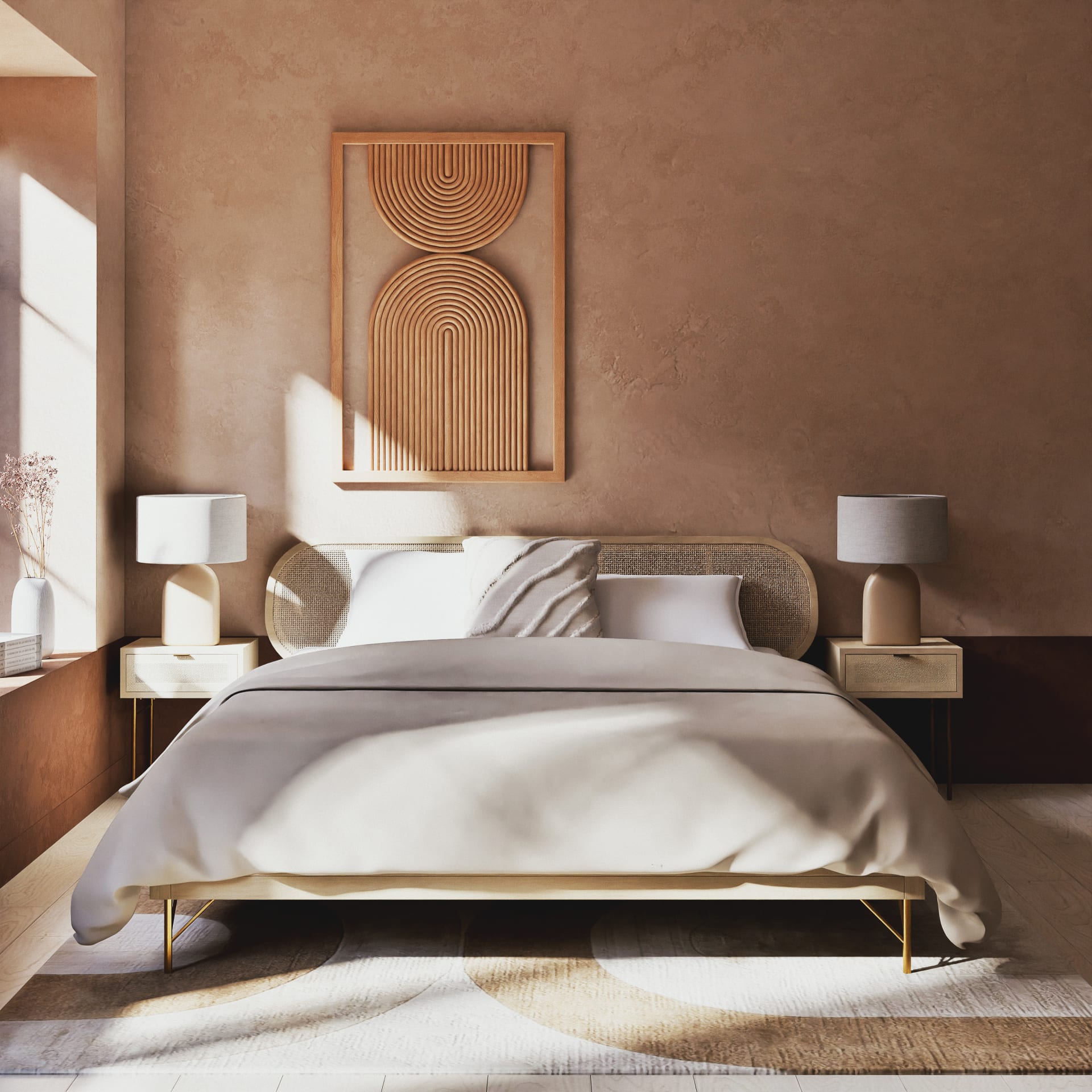 JERX Comodino Moderno Con Cassetto E Scaffale Aperto - Ante In Rattan Intrecciato E Cornice Dorata, In MDF Bianco, Per Soggiorno E Camera Da Letto