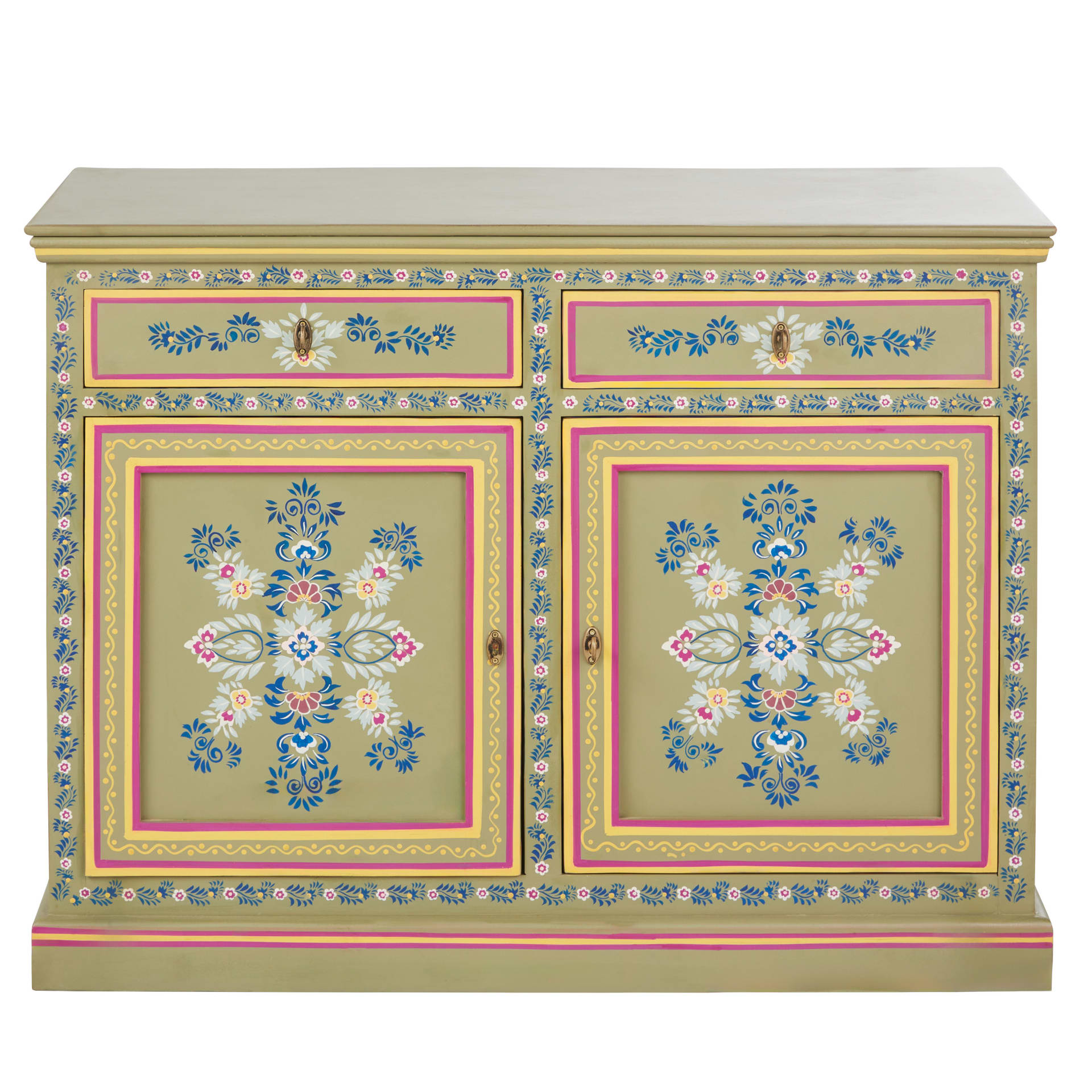 Sideboard mit 2 Türen und 2 Schubladen, verziert mit mehrfarbigen Blumen, 110 cm Bohemian