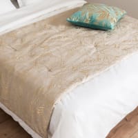 Colcha de lino y algodón beige con estampado de hojas dorado 100x200-FOLAH