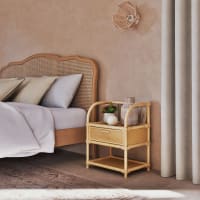 Comodino In Rattan E Legno Con Contenitore - Stile Bohémien Per Camera Da Letto, Soggiorno, Bianco