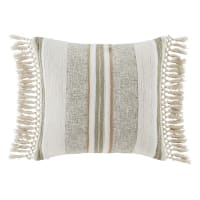Cuscino in cotone riciclato écru e verde kaki con finiture in macramé 45x45cm-BARICCI