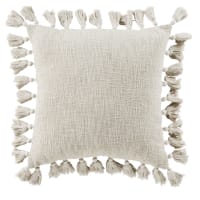 Cuscino intessuto in cotone riciclato beige con pompon 50x50 cm-LIMANA