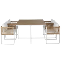 Mesa de jardín de compuesto efecto teca para 4 personas. L. 110 y sillones encajables (x4) de resina reciclada efecto mimbre-Swann