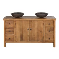 Meuble Sous Vasque Amana 130cm Cannage Rotin Effet Chêne - 2 Portes, 3 Tiroirs
