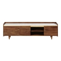 Meuble TV 3 portes en acacia massif et marbre blanc-Cappuccino