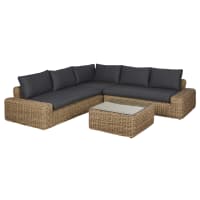 Salotto da giardino 5 posti in resina intrecciata riciclata effetto rattan con cuscini grigio antracite e tavolino basso-Cerrado
