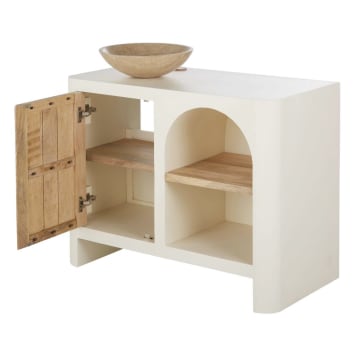 Mueble de madera de mango beige y blanco crema para dos lavabos