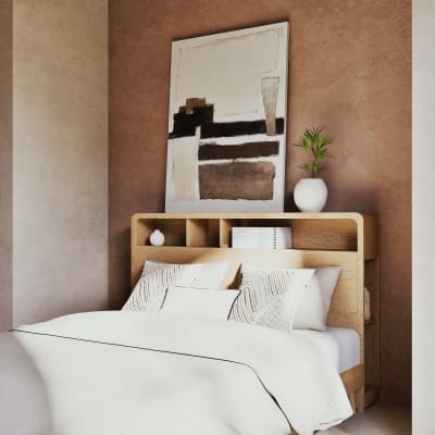 Bed met hoofdeinde in schelpvorm - 160 x 200 cm - Met beige fluwelen bekleding - LIVAYA