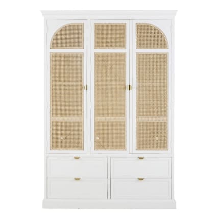 Armoire 3 portes battantes 4 tiroirs blanc et cannage en rotin L140