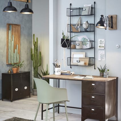 Bureau Industriel à Piédestal Unique Tidyard - 100x50x76 Cm, Bois Sapin Massif Et Acier, 3 Tiroirs, Fixation Murale Incluse