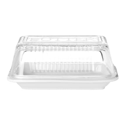 Butterdose aus Glas und weißer Keramik