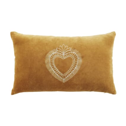 Coussin en velours de coton ocre motif cœur floral doré brodé 50x30