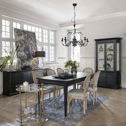 Credenza in metallo color ottone effetto anticato e vetro su ruote