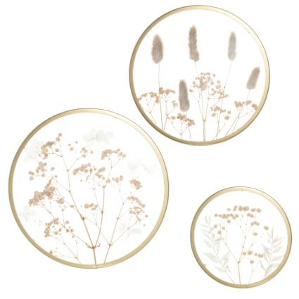 Déco murales en verre, fleurs séchées beiges et métal doré (x3)