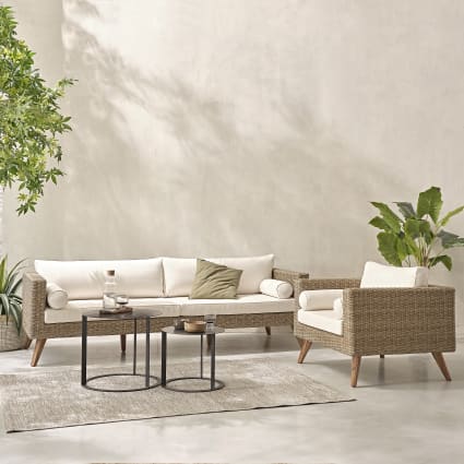 Divano da giardino 3/4 posti in resina intrecciata beige con