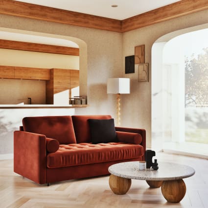 Divano letto a 2/3 posti in velluto color terracotta, materasso 18