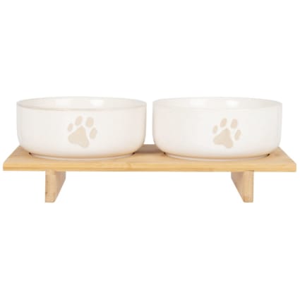KRAFT - Gamelles en grès écru (x2) et support en bambou