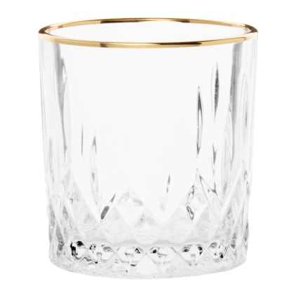 Gläser aus geschliffenem Glas mit Goldrand, Set aus 6, und Tablett aus Mangoholz