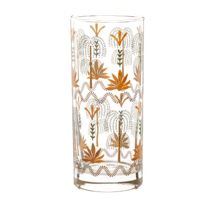 Glser, transparent mit buntem Palmenmotiv, Set aus 6, mit Bambusstrohhalm