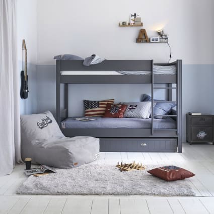 Idemon Laag Stapelbed Voor Kinderen 90x200 Cm - Massief Grenenhout Met Veiligheidstrap, Lattenbodem En Valbeveiliging (Grijs)