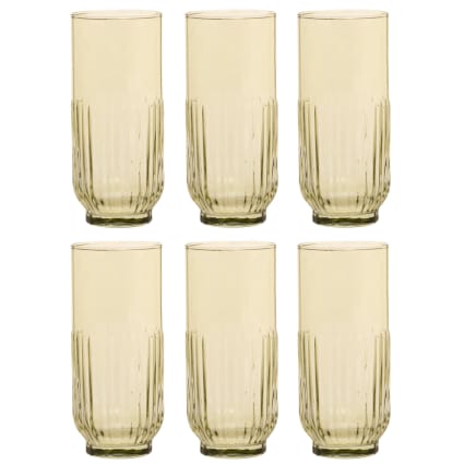 Hohe Gläser aus salbeigrün getöntem Glas, Set aus 6 mit Rattankorb