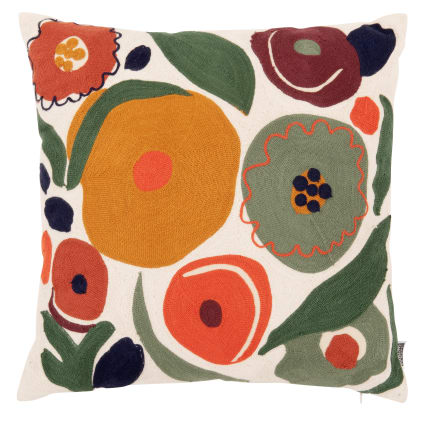Housse de coussin en coton brodé motif floral multicolore 40x40