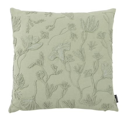 Housse de coussin en coton vert sauge motif floral brodé 40x40