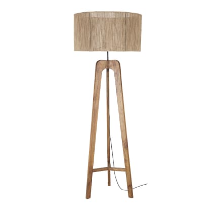Lampadaire trépied en bois de manguier et abat-jour cannage en fil de jute tressé main H154