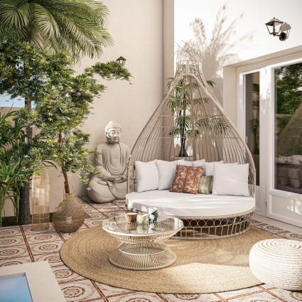 Lettino matrimoniale rotondo in finto rattan intrecciato in resina