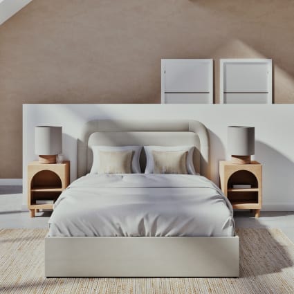 Letto a cassettone in tessuto bouclé ecru 140 x 190 con rete a