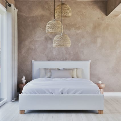 Letto bianco con contenitore in pioppo con rete a doghe in pino