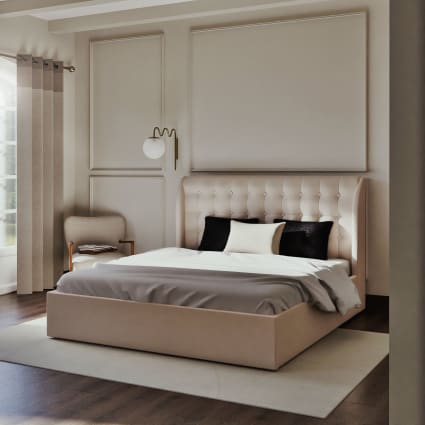 Letto imbottito con contenitore 180x200 cm beige con rete a doghe